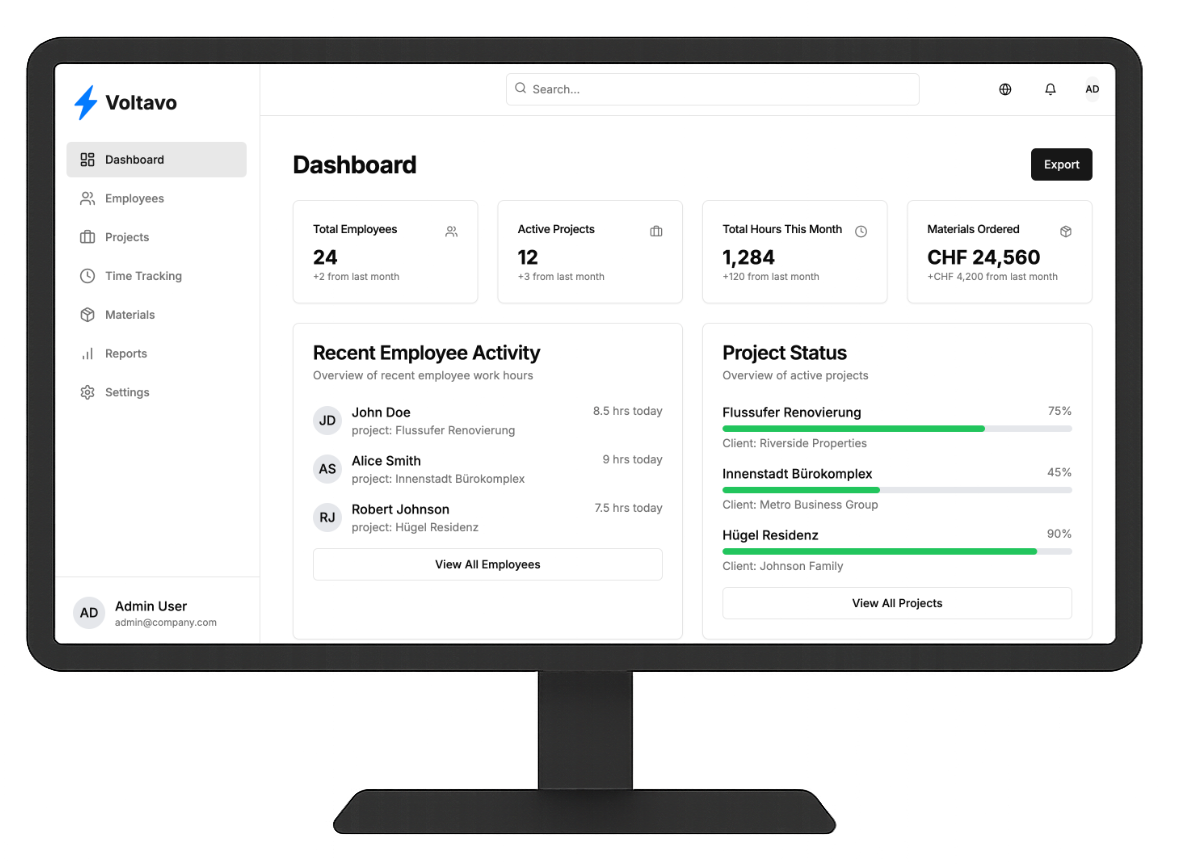 Büromitarbeiter nutzt das Voltavo Dashboard